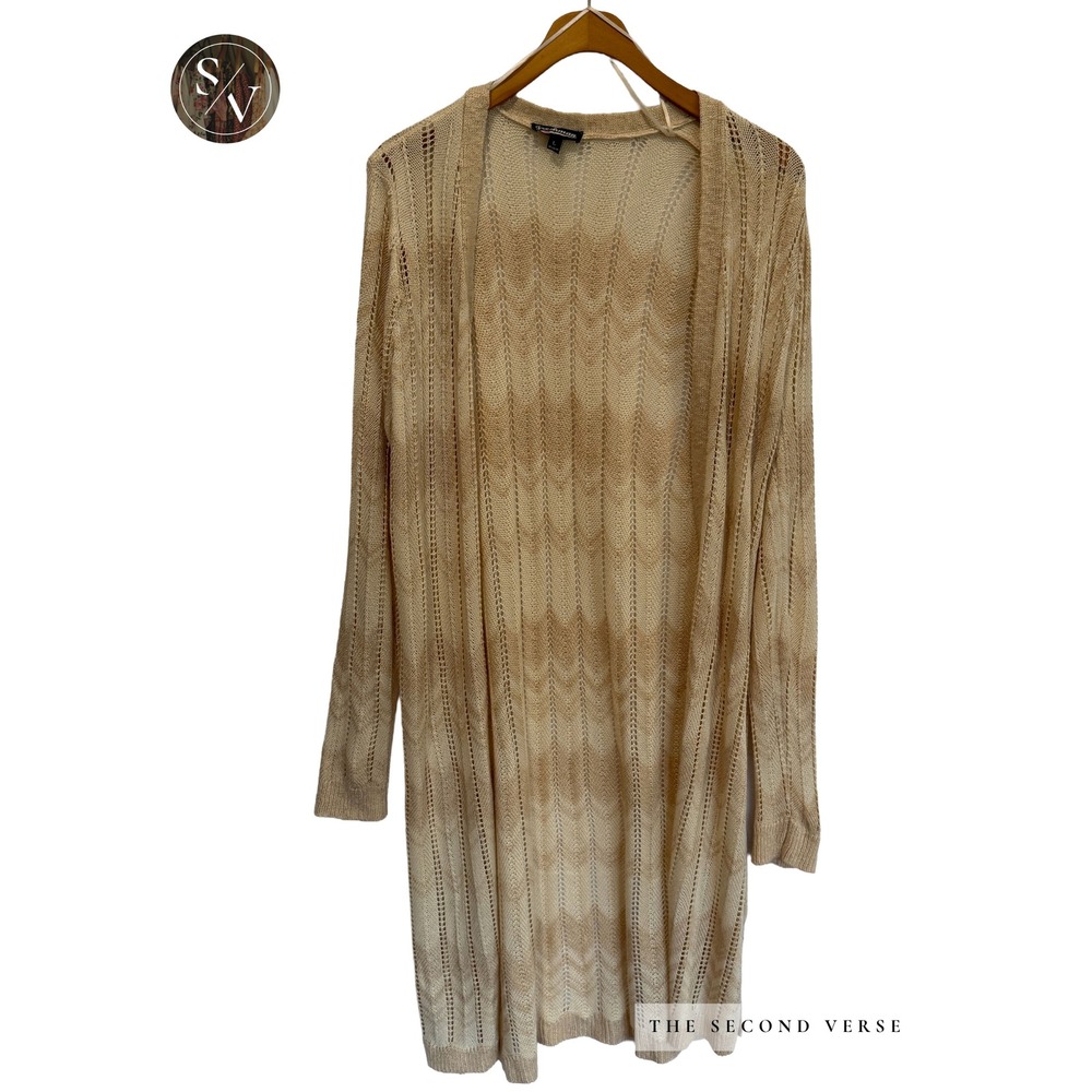 Freshman Cardigan Women L Beige Ombre Pointelle Knit Duster Boho Long Sleeve
